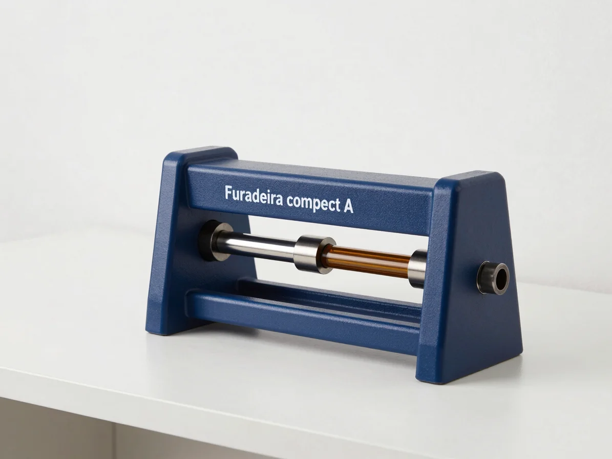 Furadeira compacta modelo A sobre bancada branca, detalhe do mandril e da marca de uso, luz natural difusa, estilo edito